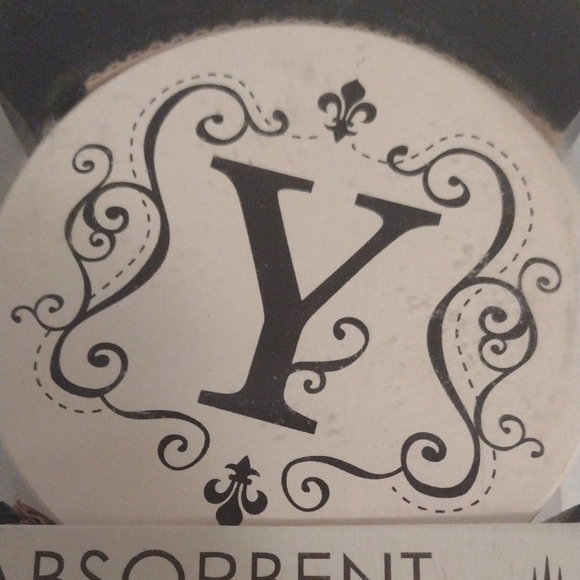 Set of 4 round absorbent stone Coasters Black & cream w/ wood caddy Y monogram - Picture 2 of 5